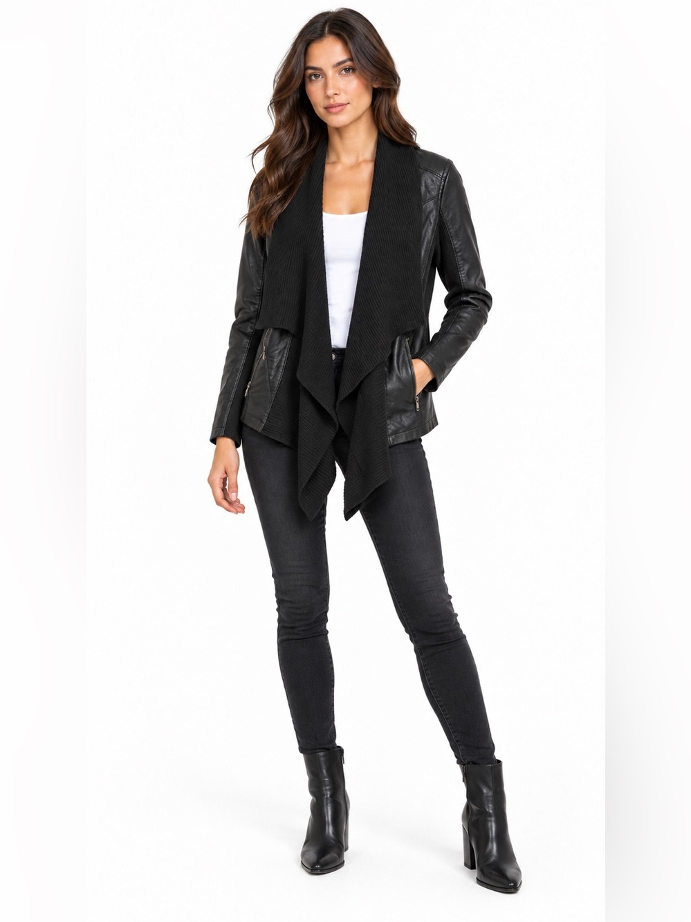 Blank NYC Black Leather Draped Shawl Collar Jacket